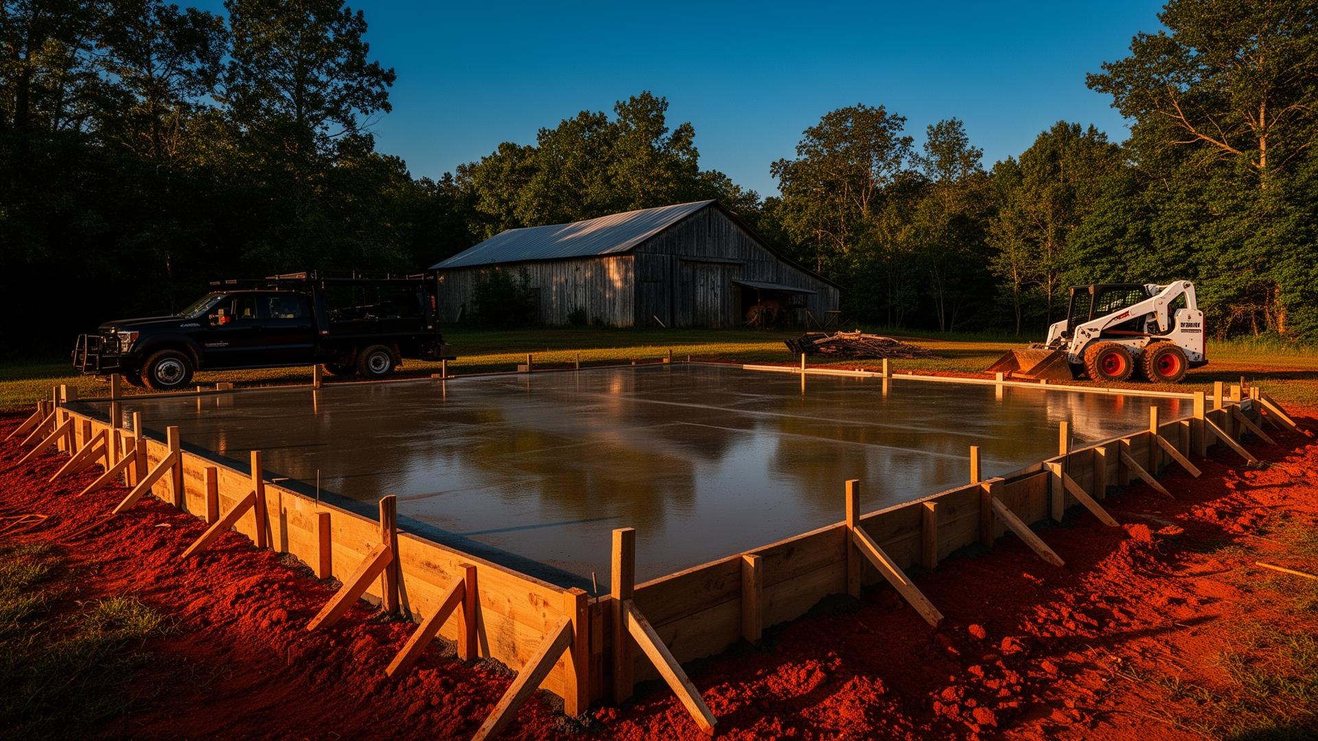Freshly poured concrete foundation at golden hour in East Bend, NC